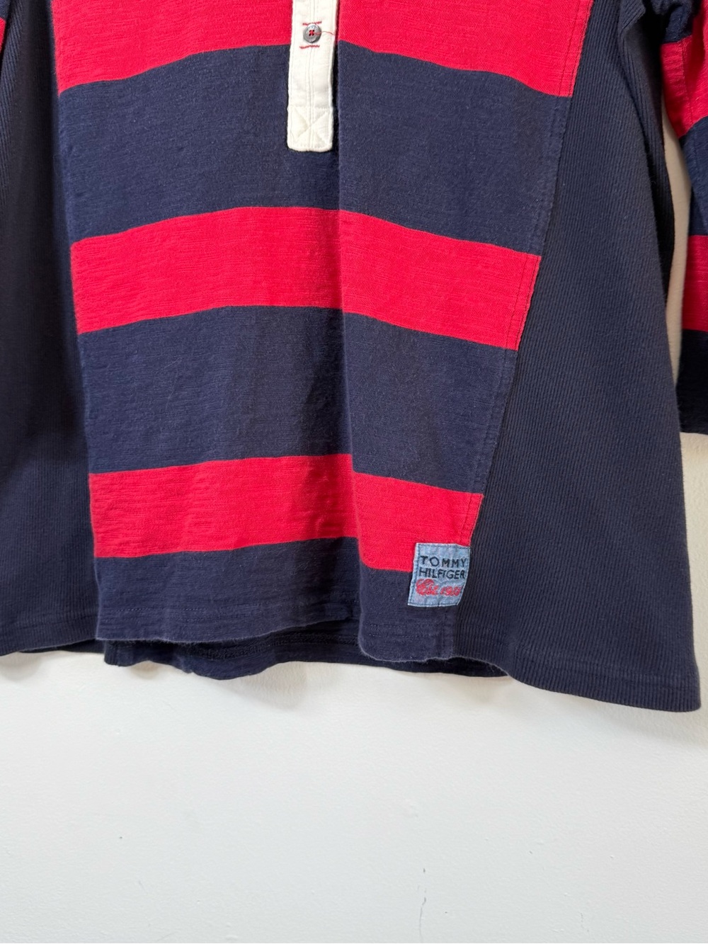 Tommy Hilfiger Red Navy Striped Preppy Rugby Polo Shirt XL - Picture 2 of 6